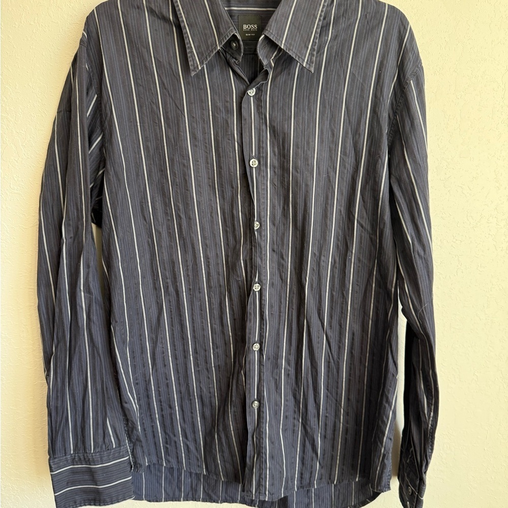 Mens XL Navy Striped Hugo Boss Slim Fit Formal Classic Cocktail Button Up Shirt